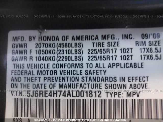 5J6RE4H74AL001812 - 2010 HONDA CR-V EXL BROWN photo 9