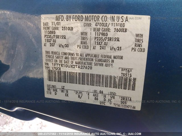 1FTYR10UX2TA27628 - 2002 FORD RANGER BLUE photo 9