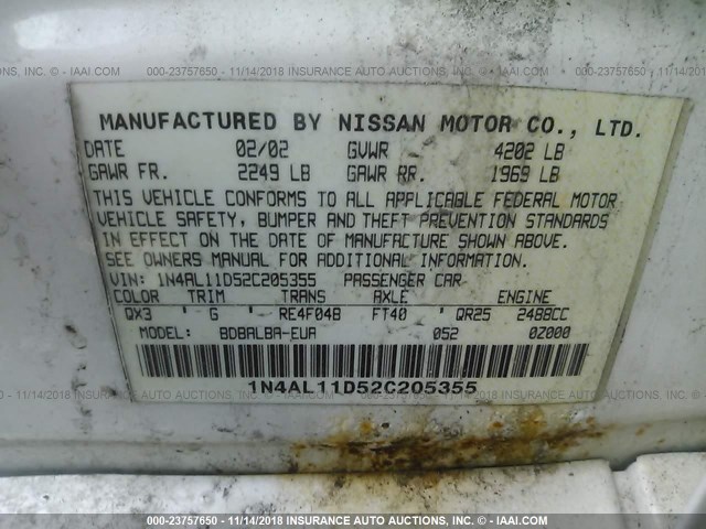 1N4AL11D52C205355 - 2002 NISSAN ALTIMA S/SL WHITE photo 9