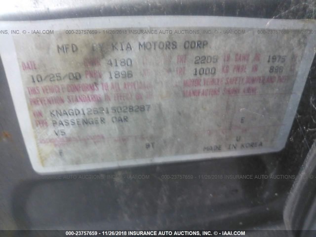 KNAGD126315028287 - 2001 KIA OPTIMA MAGENTIS/LX/SE GRAY photo 9