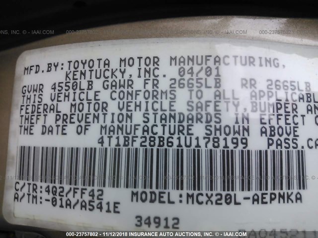 4T1BF28B61U178199 - 2001 TOYOTA AVALON XL/XLS GOLD photo 9