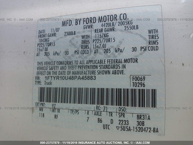 1FTYR10U48PA45883 - 2008 FORD RANGER WHITE photo 9