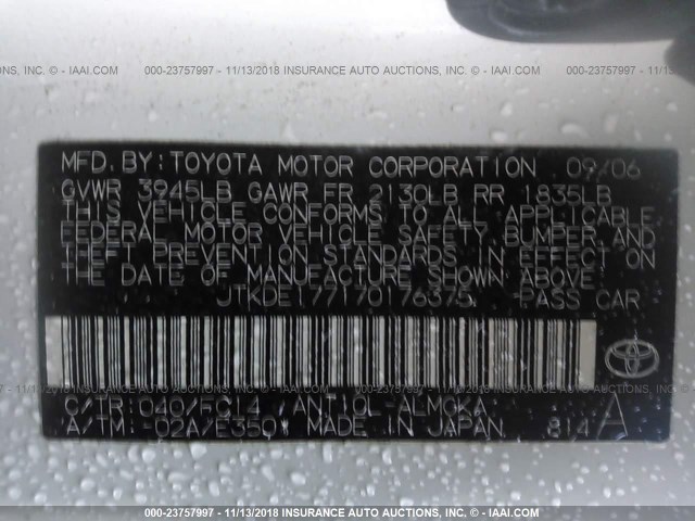 JTKDE177170176375 - 2007 TOYOTA SCION TC თეთრი ფოტო 9