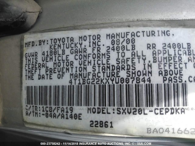 4T1BG22KXYU007844 - 2000 TOYOTA CAMRY CE/LE/XLE GRAY photo 9