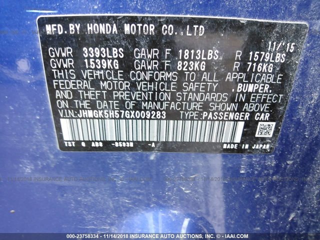 JHMGK5H57GX009283 - 2016 HONDA FIT LX BLUE photo 9