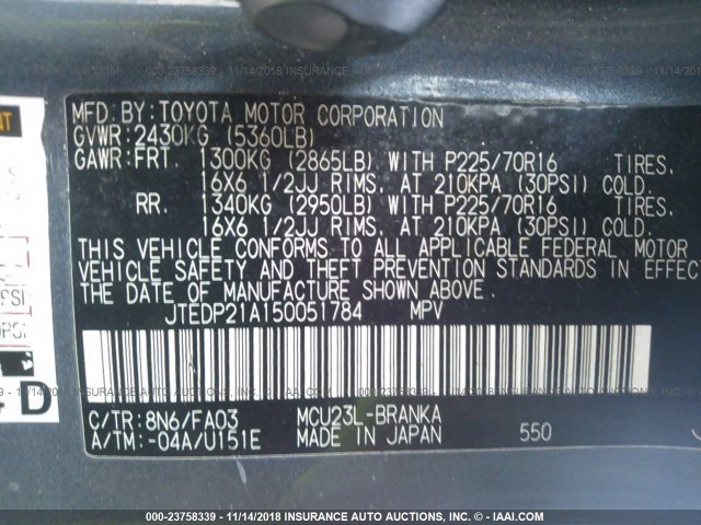 JTEDP21A150051784 - 2005 TOYOTA HIGHLANDER LIMITED BLUE photo 9