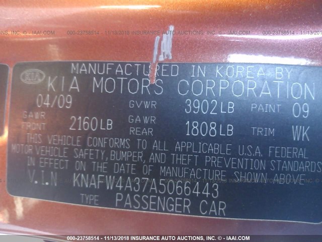 KNAFW4A37A5066443 - 2010 KIA FORTE SX ORANGE photo 9