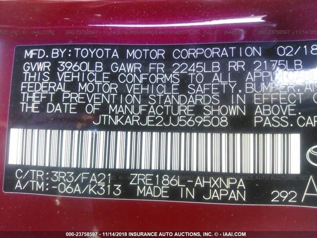 JTNKARJE2JJ569508 - 2018 TOYOTA COROLLA IM RED photo 9