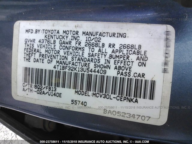 4T1BF32K13U544409 - 2003 TOYOTA CAMRY LE/XLE/SE BLUE photo 9