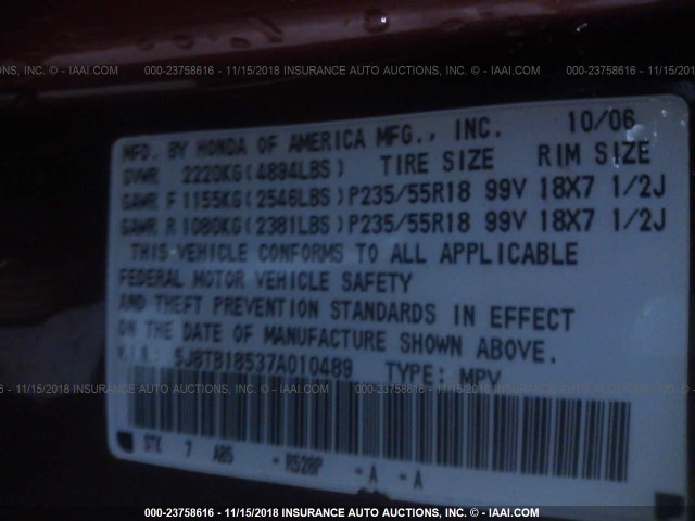 5J8TB18537A010489 - 2007 ACURA RDX TECHNOLOGY RED photo 9