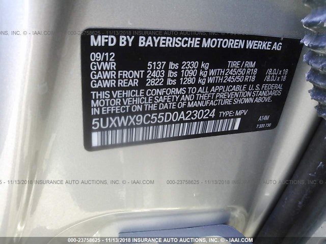 5UXWX9C55D0A23024 - 2013 BMW X3 XDRIVE28I SILVER photo 9