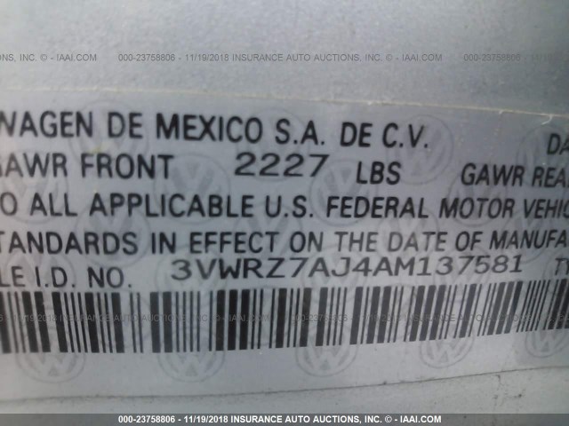 3VWRZ7AJ4AM137581 - 2010 VOLKSWAGEN JETTA SE/SEL SILVER photo 9