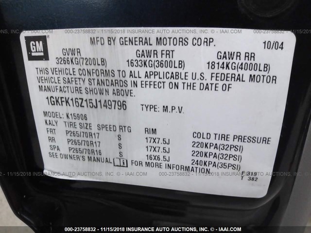 1GKFK16Z15J149796 - 2005 GMC YUKON XL K1500 Navy photo 9