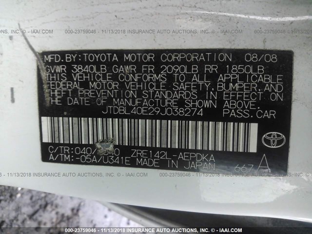 JTDBL40E29J038274 - 2009 TOYOTA COROLLA LE/XLE WHITE photo 9