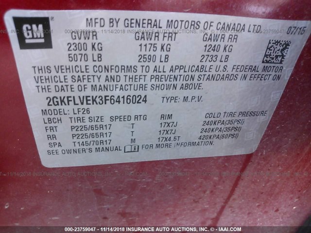 2GKFLVEK3F6416024 - 2015 GMC TERRAIN SLE RED photo 9