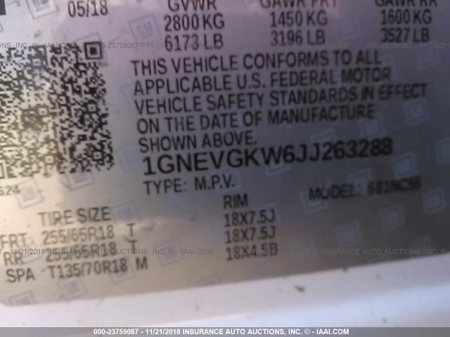 1GNEVGKW6JJ263288 - 2018 CHEVROLET TRAVERSE LT SILVER photo 9