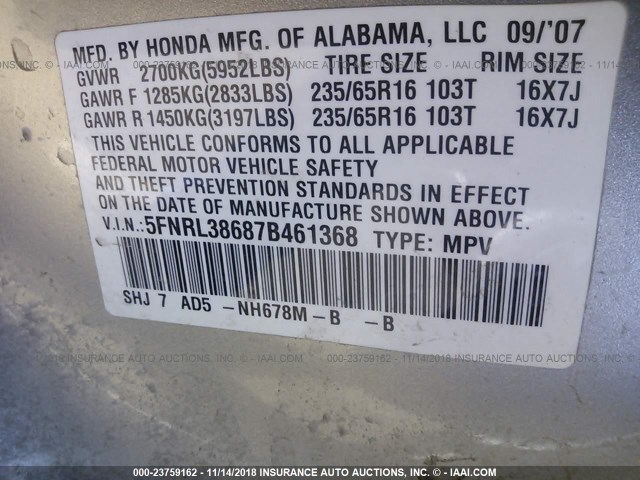 5FNRL38687B461368 - 2007 HONDA ODYSSEY EXL SILVER photo 9