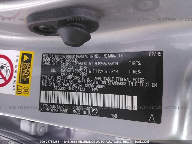 5TDDKRFH4FS137123 - 2015 TOYOTA HIGHLANDER LIMITED/LTD PLATINUM SILVER photo 9