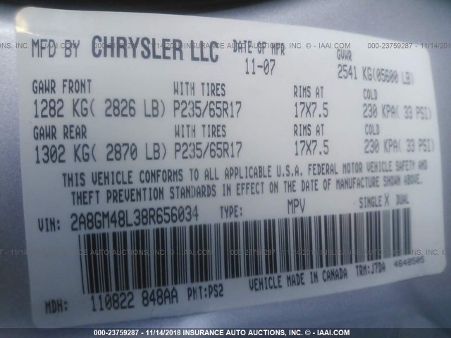 2A8GM48L38R656034 - 2008 CHRYSLER PACIFICA LX SILVER photo 9