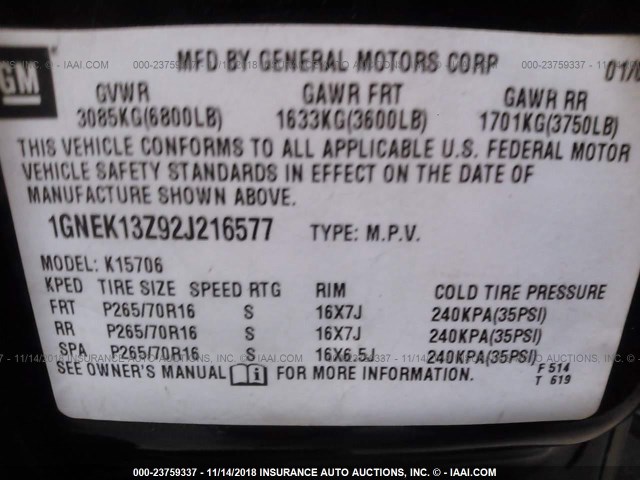 1GNEK13Z92J216577 - 2002 CHEVROLET TAHOE K1500 Dark Blue photo 9