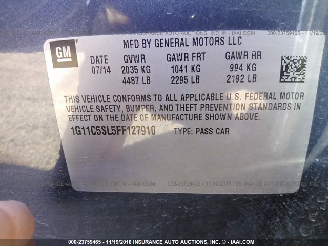 1G11C5SL5FF127910 - 2015 CHEVROLET MALIBU 1LT GRAY photo 9