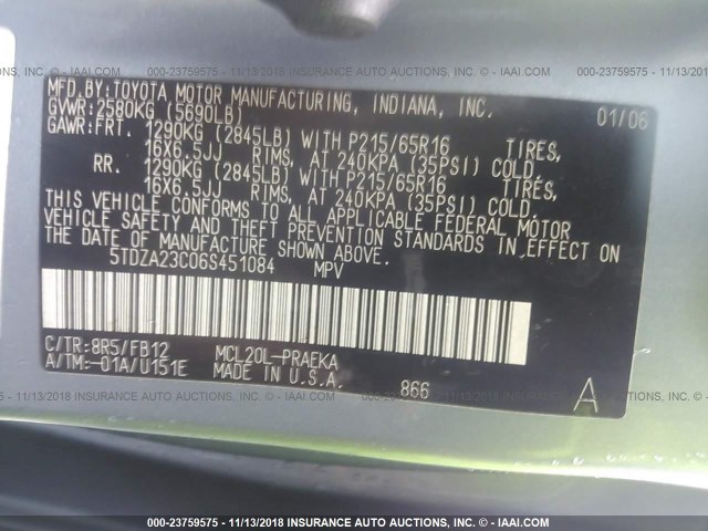 5TDZA23C06S451084 - 2006 TOYOTA SIENNA CE/LE BLUE photo 9