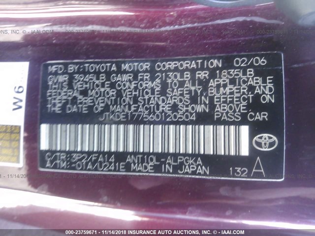 JTKDE177560120504 - 2006 TOYOTA SCION TC 红色 照片 9