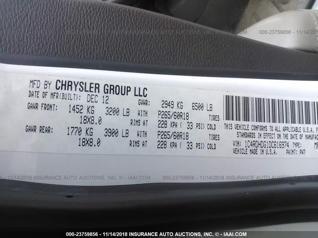 1C4RDHDG1DC616974 - 2013 DODGE DURANGO CREW WHITE photo 9