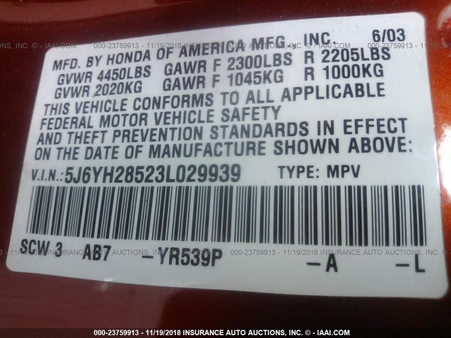 5J6YH28523L029939 - 2003 HONDA ELEMENT EX ORANGE photo 9