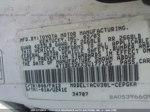 4T1BE32KX3U177125 - 2003 TOYOTA CAMRY LE/XLE/SE WHITE photo 9