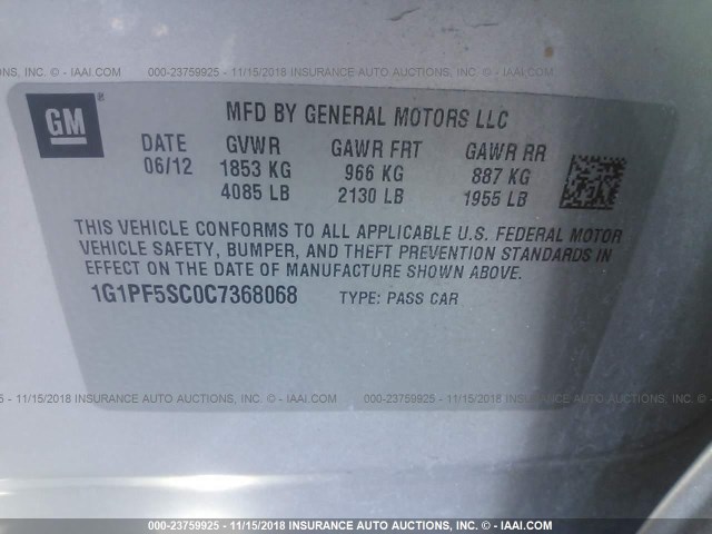 1G1PF5SC0C7368068 - 2012 CHEVROLET CRUZE LT SILVER photo 9