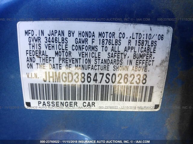 JHMGD38647S026238 - 2007 HONDA FIT S BLUE photo 9