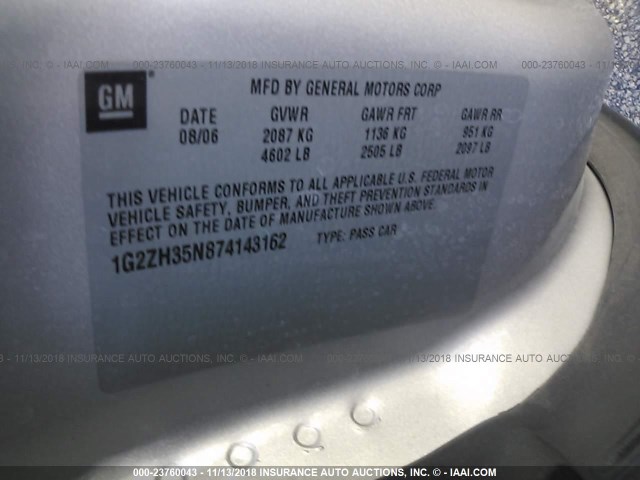 1G2ZH35N874143162 - 2007 PONTIAC G6 GT SILVER photo 9