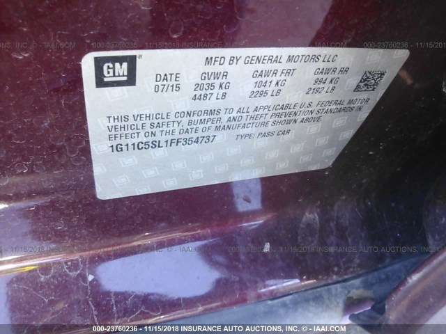 1G11C5SL1FF354737 - 2015 CHEVROLET MALIBU 1LT MAROON photo 9