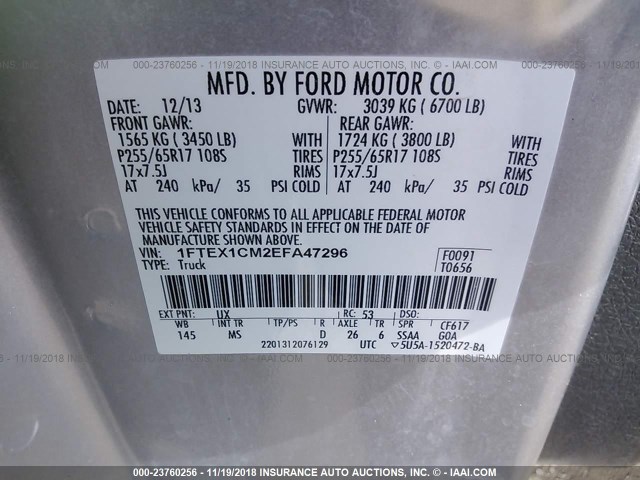 1FTEX1CM2EFA47296 - 2014 FORD F150 SUPER CAB SILVER photo 9