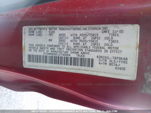 5TENM92N51Z746064 - 2001 TOYOTA TACOMA PRERUNNER RED photo 9