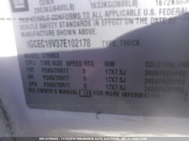 1GCEC19V37E102178 - 2007 CHEVROLET SILVERADO C1500 CLASSIC WHITE photo 9