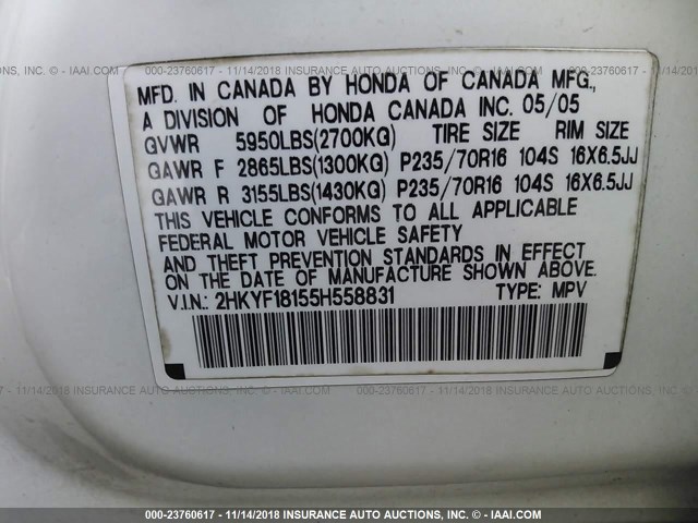 2HKYF18155H558831 - 2005 HONDA PILOT LX WHITE photo 9