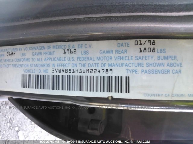 3VWRB81H5WM224789 - 1998 VOLKSWAGEN JETTA GL BLACK photo 9