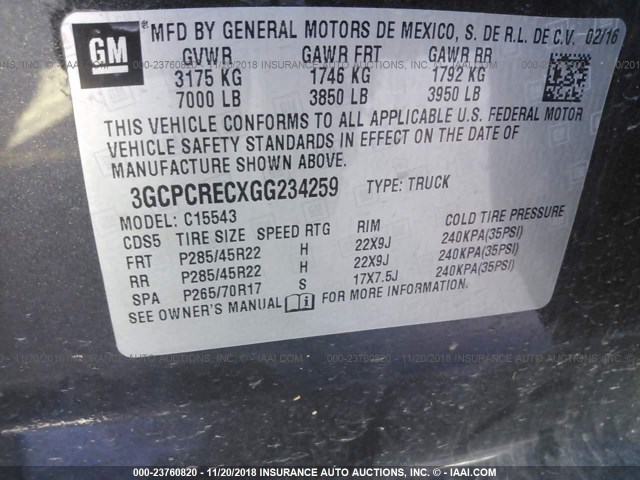 3GCPCRECXGG234259 - 2016 CHEVROLET SILVERADO C1500 LT GRAY photo 9