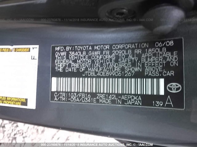 JTDBL40E899061267 - 2009 TOYOTA COROLLA LE/XLE SILVER photo 9