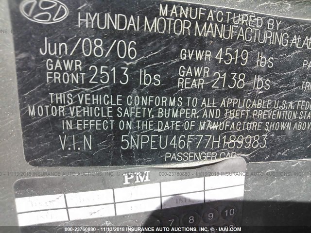 5NPEU46F77H189983 - 2007 HYUNDAI SONATA SE/LIMITED BEIGE photo 9