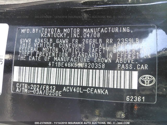 4T1BE46K59U820358 - 2009 TOYOTA CAMRY SE/LE/XLE BLACK photo 9