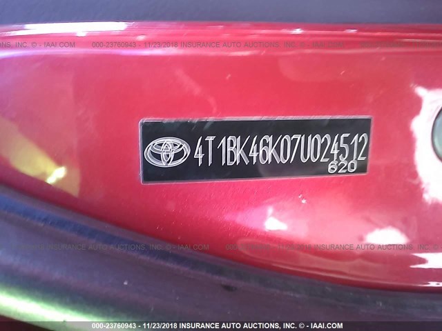 4T1BK46K07U024512 - 2007 TOYOTA CAMRY NEW GENERAT LE/XLE/SE RED photo 9