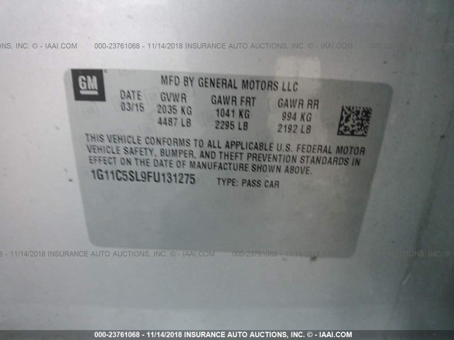 1G11C5SL9FU131275 - 2015 CHEVROLET MALIBU 1LT 银色 照片 9