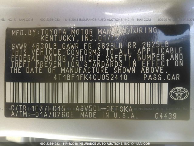 4T1BF1FK4CU052410 - 2012 TOYOTA CAMRY SE/LE/XLE SILVER photo 9