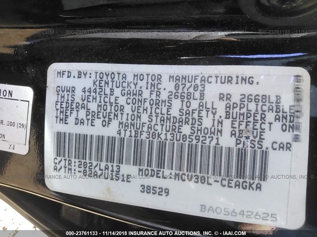 4T1BF30K13U059271 - 2003 TOYOTA CAMRY LE/XLE/SE BLACK photo 9