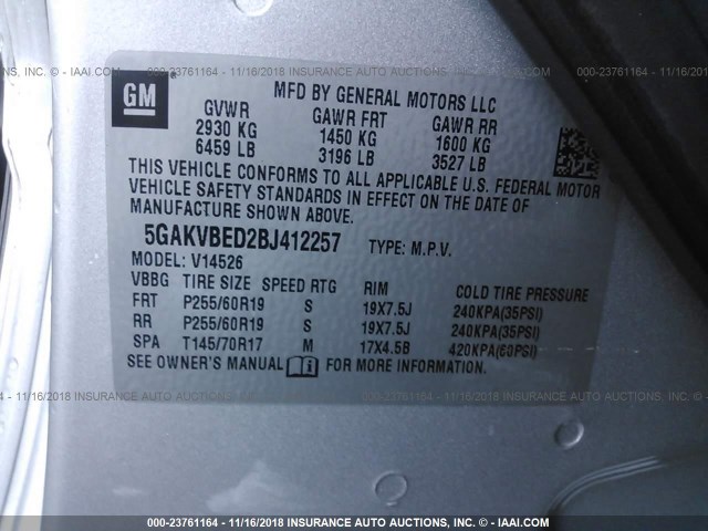 5GAKVBED2BJ412257 - 2011 BUICK ENCLAVE CXL SILVER photo 9