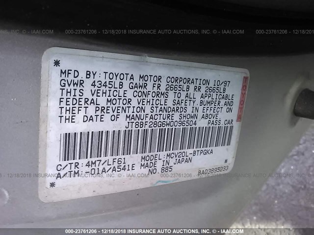 JT8BF28G6W0096504 - 1998 LEXUS ES 300 GRAY photo 9