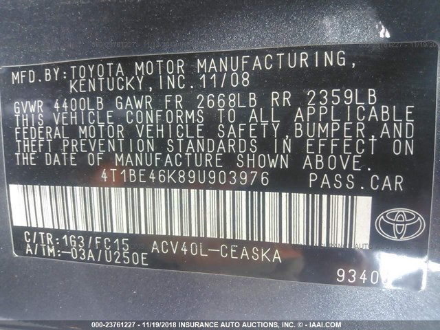 4T1BE46K89U903976 - 2009 TOYOTA CAMRY SE/LE/XLE GRAY photo 9